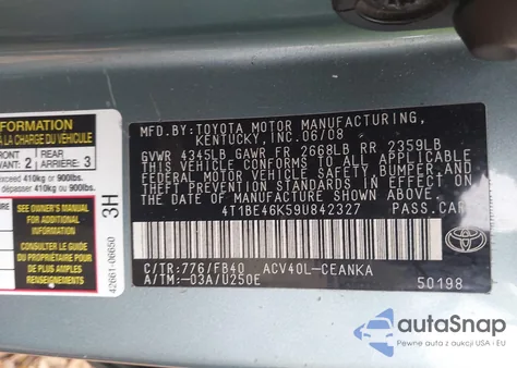 2009 Toyota Camry Le from USA, damaged, VIN 4T1BE46K59U842327